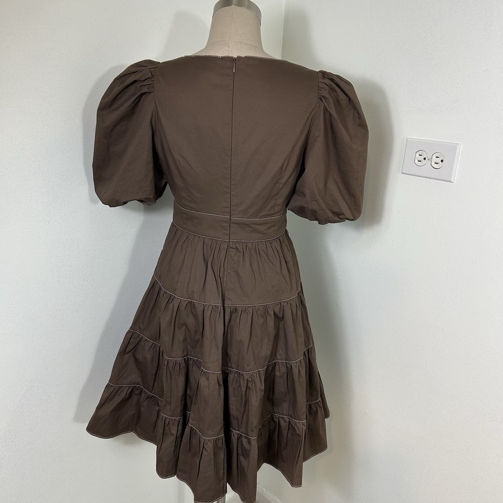 En Saison Meline Poplin Babydoll Dress Brown Puff Sleeves‎ Pockets Small NWT - Picture 5 of 15